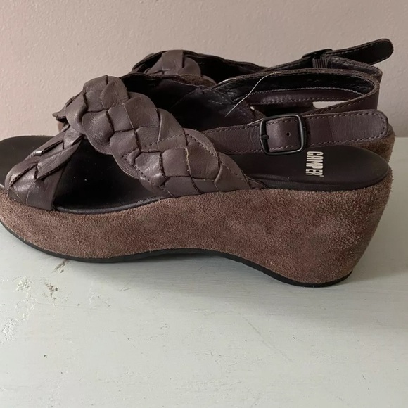 Camper Braided Strap Brown Leather Wedge Size 38 US 7 - Picture 3 of 8